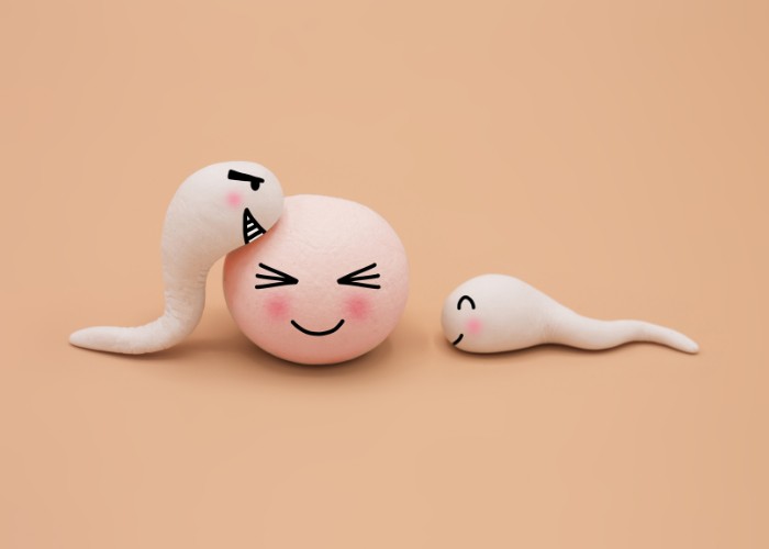 Spermien rund um eine Eizelle, die glücklich aussieht